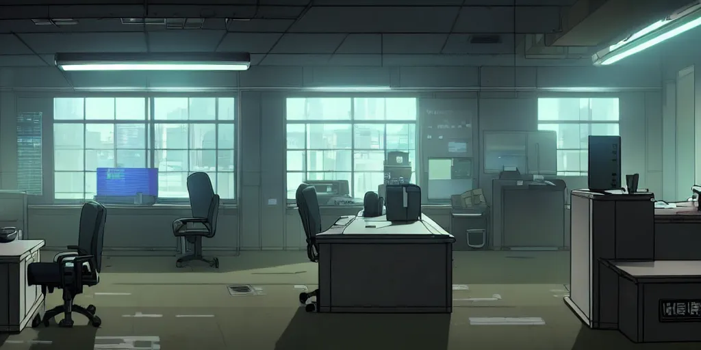 Prompt: an empty quiet quiet after hours cyberpunk police office office in the cyberpunk neon noir anime film, Shichiro Kobayashi, screenshot in the anime series ergo proxy ergo proxy ergo proxy and Detroit metal city, interior
