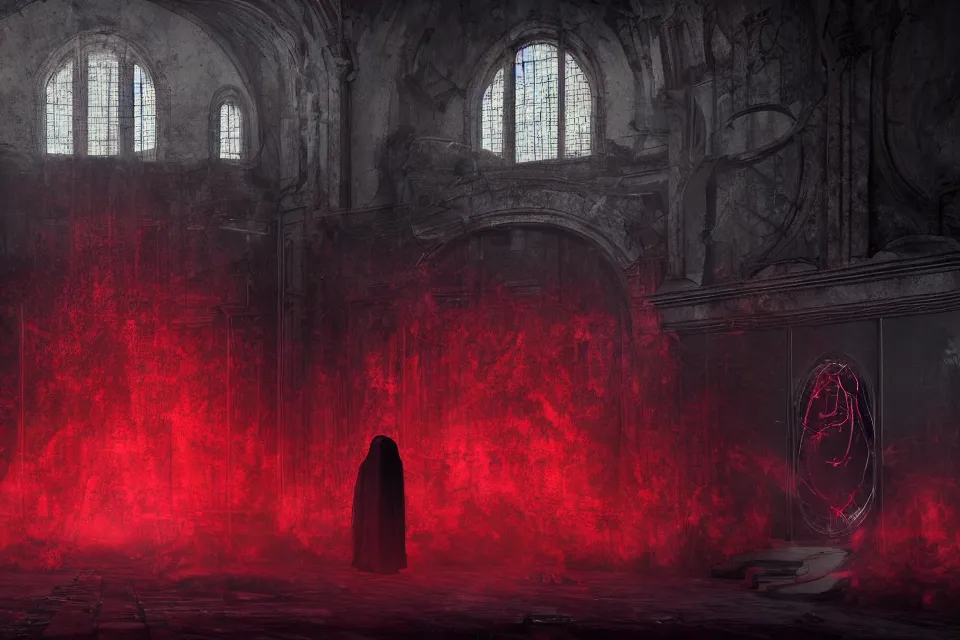 Image similar to Paranormal Activity In A Futuristic Satanic Chamber In An Abandoned Church In Rome With Black Hooded Characters Around A Dark Pagan Symbol Made of Red Fluid, photorealistic, volumetric lighting, hyperrealistic, octane render, HDR, photorealistic, bokeh