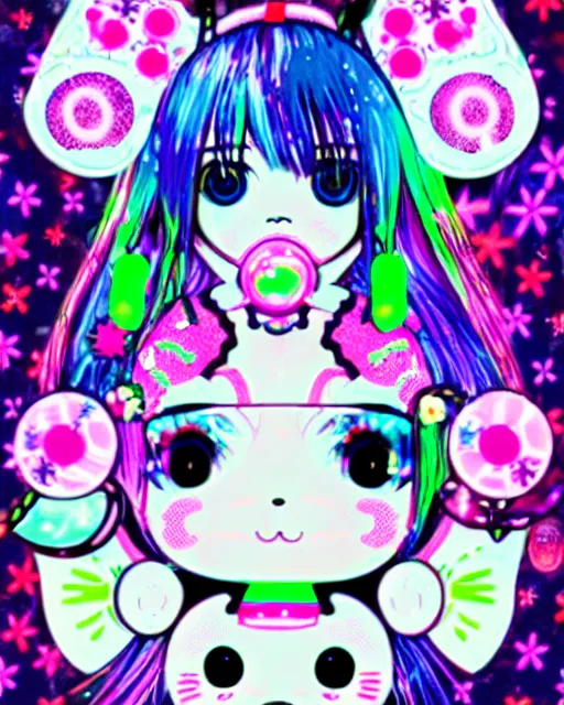 Image similar to cybergoth decora glitchcore yokai girl, sanrio ornaments, pastel cute cinematography