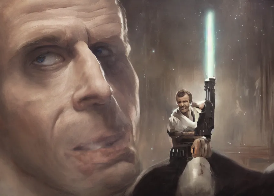 Prompt: painting of Emmanuel Macron dressed as in Star Wars,(((( inside the galactic senate)))), sharp focus, full body, trending on ArtStation, masterpiece, by Greg Rutkowski, by Ross Tran, by Fenghua Zhong, octane, clear eyes, soft render, clear facial features, oil on canvas, moody lighting, cinematic, professional environment concept art