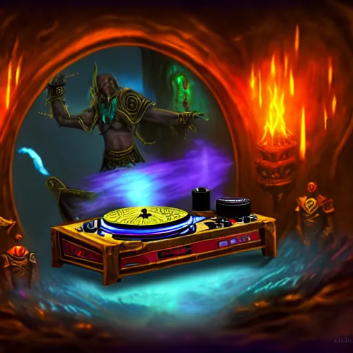 Image similar to fantasy painting of a dj set with turntable in a fantasy dungeon in the style of word of warcraft,