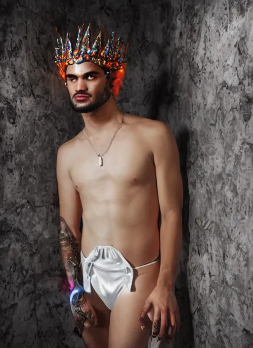 Prompt: photo of baroque and bladerunner delicate neon diamond sculpture of ceramic albino king marlon teixeira seductive delicious tongue out, creamy orange iridescent humanoid deity wearing white fluffy hoody holding diamond skull in a black metallic dungeon, reclining, glowing rainbow face, crown of white diamonds, cinematic lighting, photorealistic, octane render 8 k depth of field 3 d