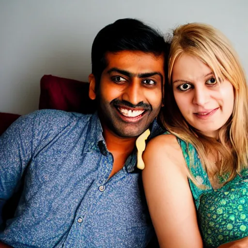 Prompt: indian guy and blonde swedish girl drinking gin and tonics on the couch