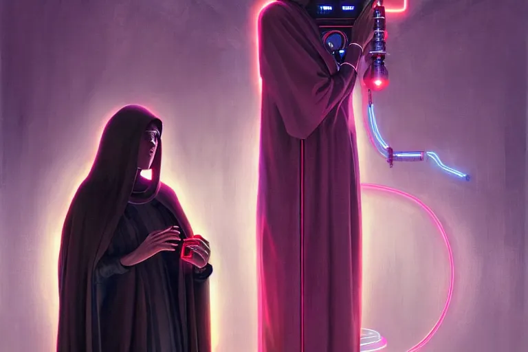 Image similar to patron saint 👩🏾 praying with machine, futuristic long robes clothing, worm hole, neon god of city character portrait, in the style of moebius, wlop, tom bagshaw, and waterhouse, cinematic lighting, beautiful, elegant, oil painting,