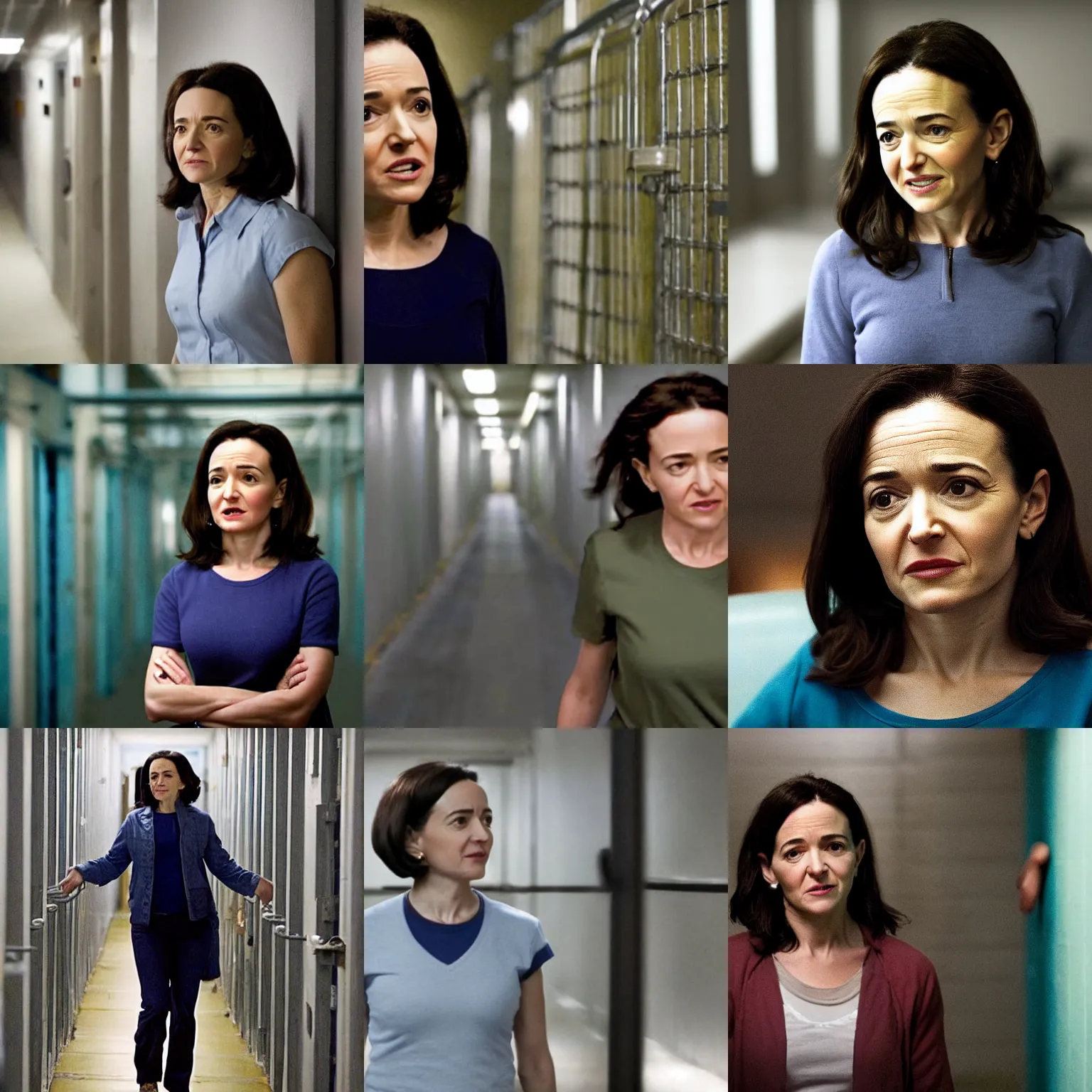Prompt: Movie still of Sheryl Sandberg in Supermax prison in Facebook The Movie, directed by J. J. Abrams