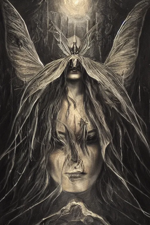 Image similar to portrait of an ominous looming moth angel at a dark shrine, oil on canvas, experimental gothic style, perfect detailed symmetrical face, mood lighting, dramatic, ornate, elegant, detailed, prominent intricate wings, concept art, trending on artstation, javascript enabled