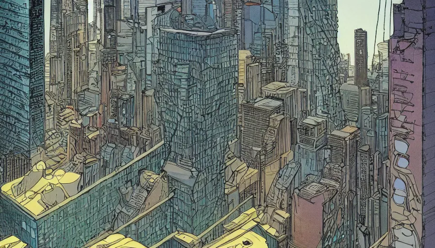 Image similar to ligne claire art of a future city intertwined with nature, street-level view, by Moebius, Eisner award-winning spread