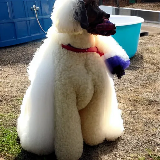 Prompt: a big, gay poodle who takes three baths a day