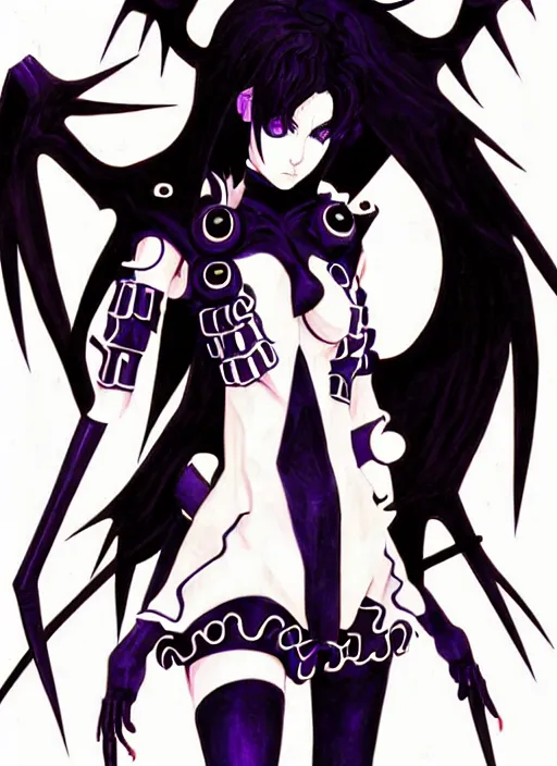 Image similar to shin megami tensei art of a demon called goth girlfriend, art by kazuma kaneko, demonic! compedium!, digital drawing, white background, very high quality, very highly detailed