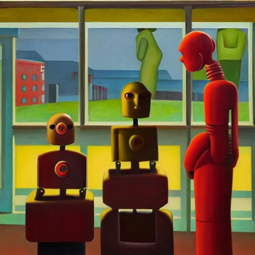 Prompt: robots queue up for ice cream, ( ( ( grant wood ) ) ), pj crook, ( ( ( edward hopper ) ) ), oil on canvas