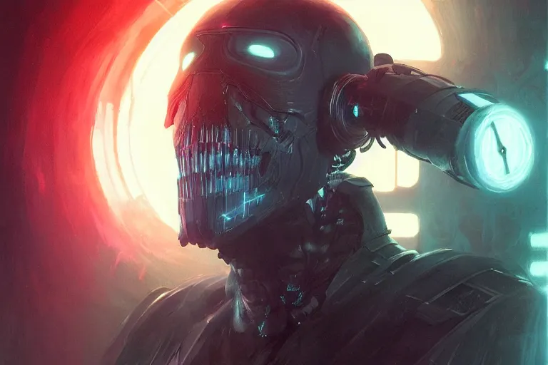 Image similar to portrait of cyborg Dementor from Harry Potter in cyberpunk, neon lighting, portrait in center, digital art from artstation by Ruan Jia and Mandy Jurgens and Artgerm and william-adolphe bouguereau and Greg Rutkowski and Wayne Barlowe