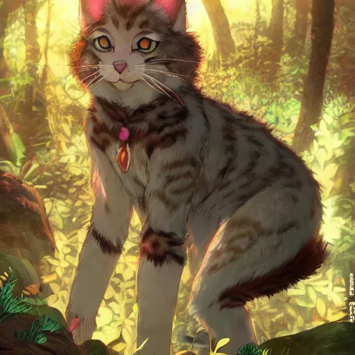Image similar to character portrait of the anthro anthropomorphic cat head animal person fursona standing in the bright forest, hidari, color page, tankoban, 4 k, tone mapping, akihiko yoshida
