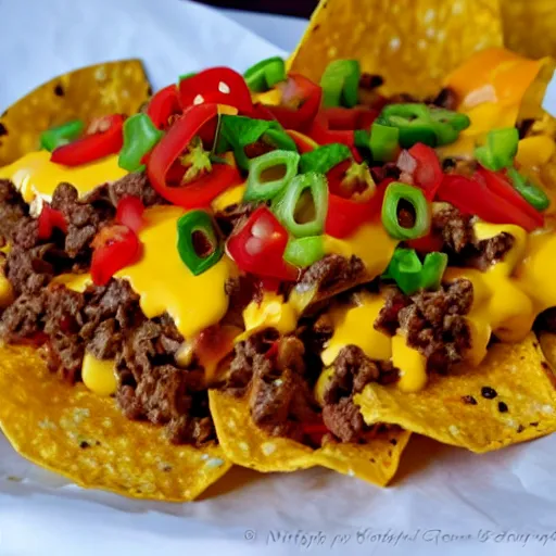 Prompt: spicy nachos with cheeseburger