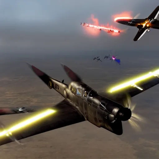 Prompt: an epic dogfight between a p 3 8 lightning, p - 6 1 black widow, full color, 8 k cinematic photography, explosions in the background, parachutes, ultra realistic digital art, unreal engine, style of keith ferris