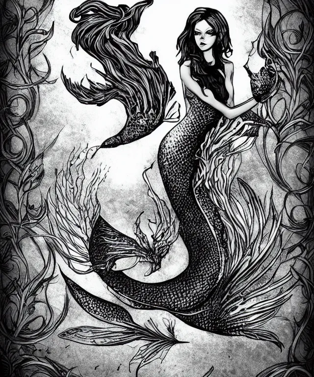 Image similar to black and white illustration, creative design, dark fantasy, mermaid, full body