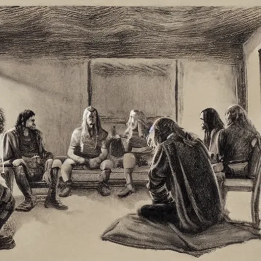 Prompt: ultra-detailed painting of Aragorn, Gimli, Frodo, Gandalf, Legolas and Boromir from the Tolkien book Fellowship of the Ring meeting at Elrond's house to plan for battle in the style of Edward Hopper