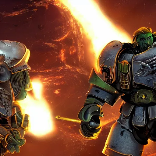 Image similar to Astartes Space Marines fight against space orcs in an epic battle, futuristic style 4K