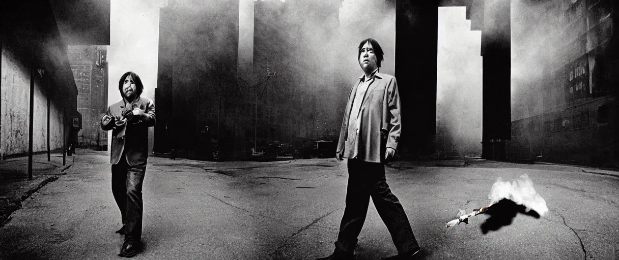 Prompt: award winning photo of bill hicks walking IN THE STREET and smoking weed, vivid colors, happy, symmetrical face, beautiful eyes, studio lighting, wide shot art by Sally Mann & Arnold Newman