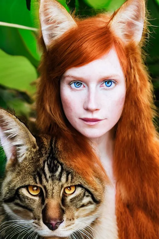 Image similar to a professional portrait photo of a dressed catgirl in the tropical jungles, ginger hair and fur, extremely high fidelity, natural lighting, national geographic magazine cover.