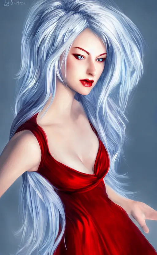 Image similar to the prettiest woman with silver blue hair, in a red and white dress portrait, dynamic lighting, fantasy concept art, trending on art station, stunning visuals, creative, cinematic, ultra detailed, ray tracing, sun rays, hyper realistic