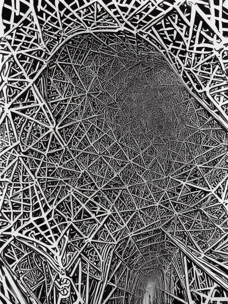 Prompt: intricate architectural latticework of alien bones by M.C. Escher