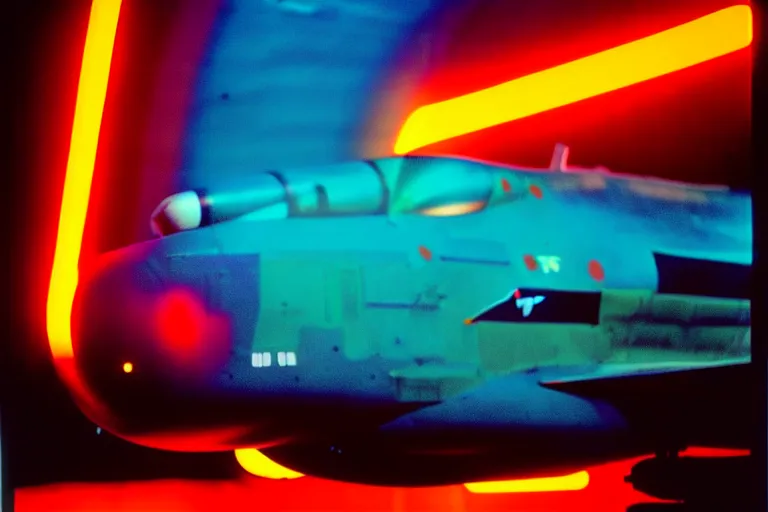 Image similar to stylized poster of an f - 1 6 fighter concept, thick neon lights, ektachrome photograph, volumetric lighting, f 8 aperture, cinematic eastman 5 3 8 4 film