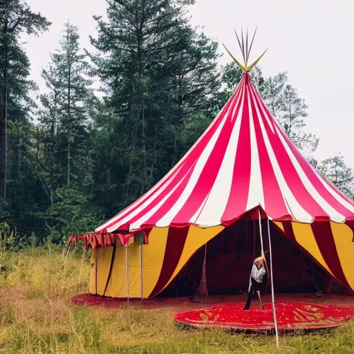 Prompt: a circus tent in the middle of the forest