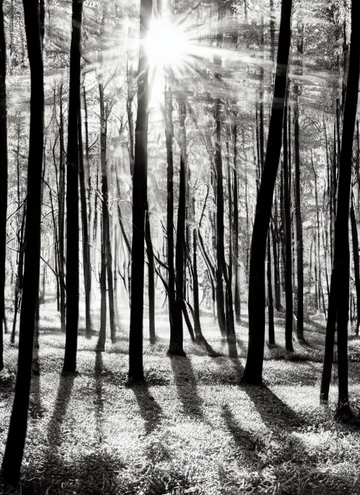 Image similar to black and white artwork of a forest at sunset, with yellow sunlight