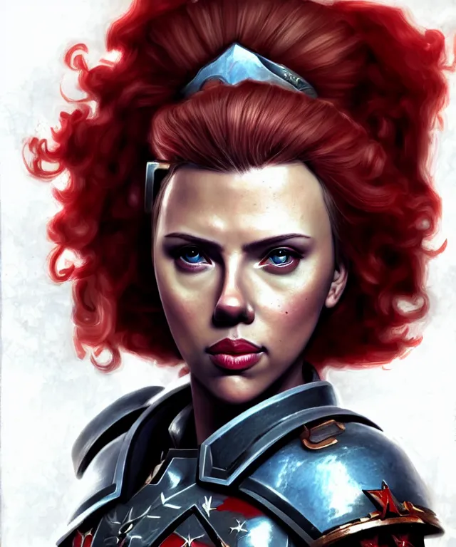 Image similar to Scarlett Johansson as a battle sister from Warhammer 40k, portrait, highly detailed, intricate, concept art, artstation