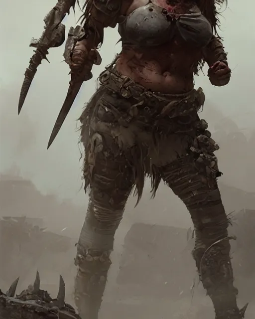 Prompt: hyper realistic photo of postapocalyptic barbarian warrior girl, full body, cinematic, artstation, cgsociety, greg rutkowski, james gurney, mignola, craig mullins, brom