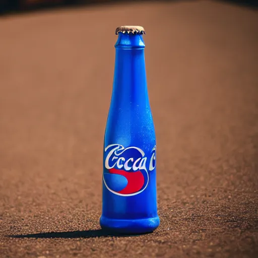 Prompt: a blue CocaCola bottle marketing product photography