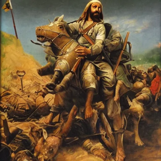 Image similar to Jesus riding a war hog into the battle of the somme as he guides wounded soldiers to safety, oil painting, epic, beautiful