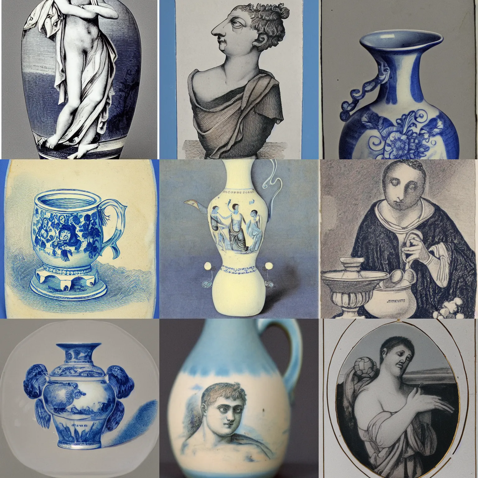 Prompt: a catullus poem, found illustrated on a porcelain jug in blue - and - white