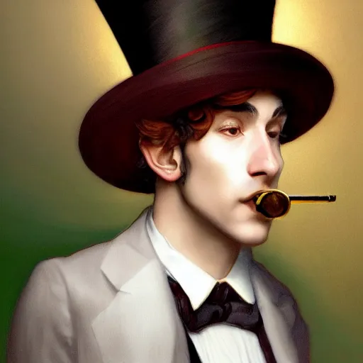 Image similar to close portrait of a fancy toad ( animal ) with a top hat, smoking a pipe, vaporwave, bedroom, highly detailed, digital painting, artstation, concept art, smooth, sharp focus, illustration, art by artgerm and greg rutkowski and alphonse mucha