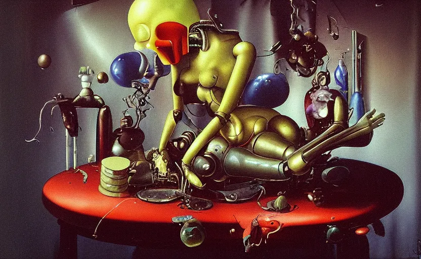 Image similar to strange seductive futuristic robot body, enticing colorful oil painting dutch golden age vanitas still life sparse composition with bulbous objects strange gooey transparent surfaces shiny metal reflections bizarre mutant meat insects rachel ruysch dali todd schorr very detailed perfect composition rule of thirds masterpiece canon 5 0 mm, cinematic lighting, photography, retro, film, kodachrome