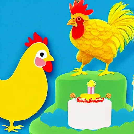 Prompt: a fluffy yellow newly hatched baby chicken stands near a big rooster and a miniature birthday cake