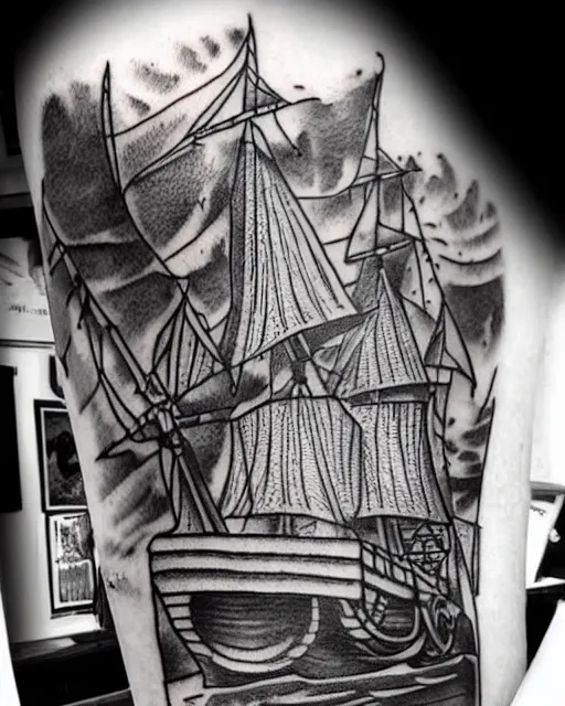 Image similar to A tattoo design on paper of a pirate ship, on paper, black and white, highly detailed tattoo, realistic tattoo, realism tattoo, beautiful shades