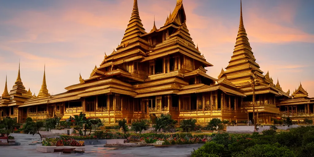 Image similar to beautiful!!!! environmental! shot photograph of the mandalay palace in the golden hour, Ultra-wide Angle, DSLR, cinematic lighting, 4k, award-winning