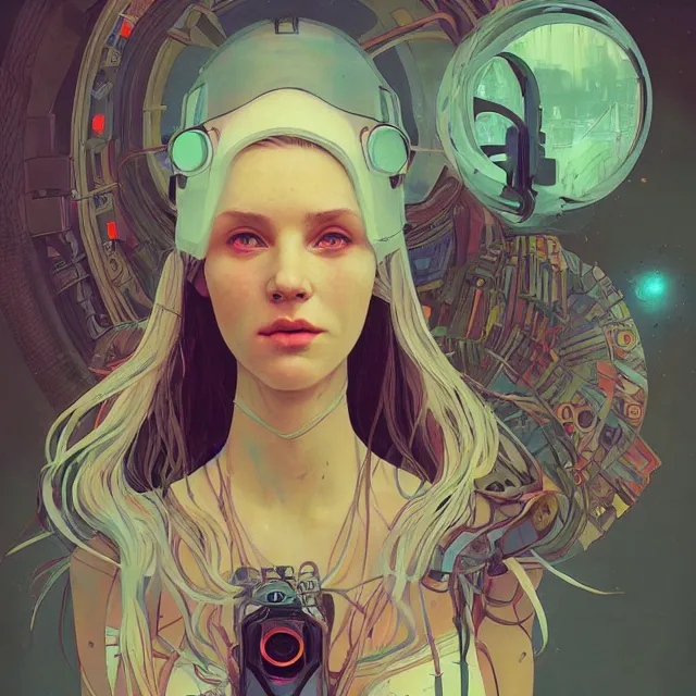 Prompt: a beautiful portrait painting of a ( cyberpunk ) beautiful nordic girl by simon stalenhag and pascal blanche and alphonse mucha!! and nekro!. in style of digital art. colorful comic, film noirs, symmetry, vibrating colors, hyper detailed. octane render. trending on artstation