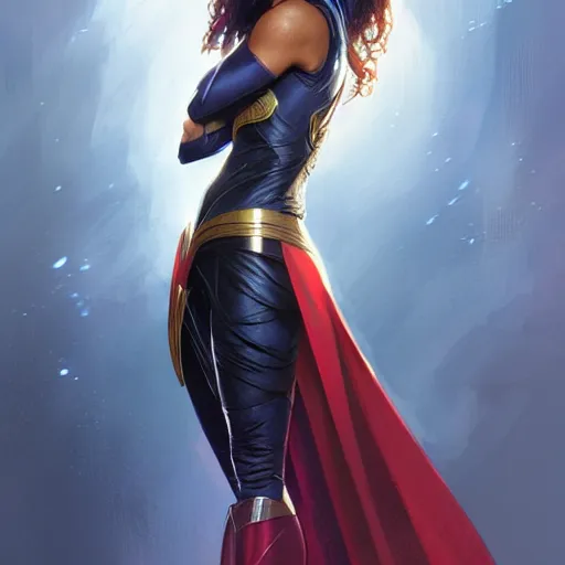 Image similar to Maisie Richardson-Sellers as Super Girl, western, D&D, fantasy, intricate, elegant, highly detailed, digital painting, artstation, concept art, matte, sharp focus, illustration, art by Artgerm and Greg Rutkowski and Alphonse Mucha