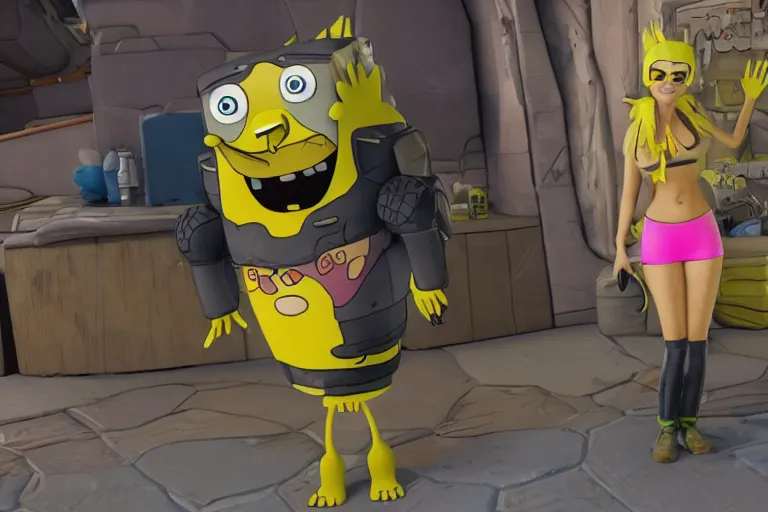 Prompt: loba from apex legends with spongebob in bikini bottom. ingame screenshot, high detail