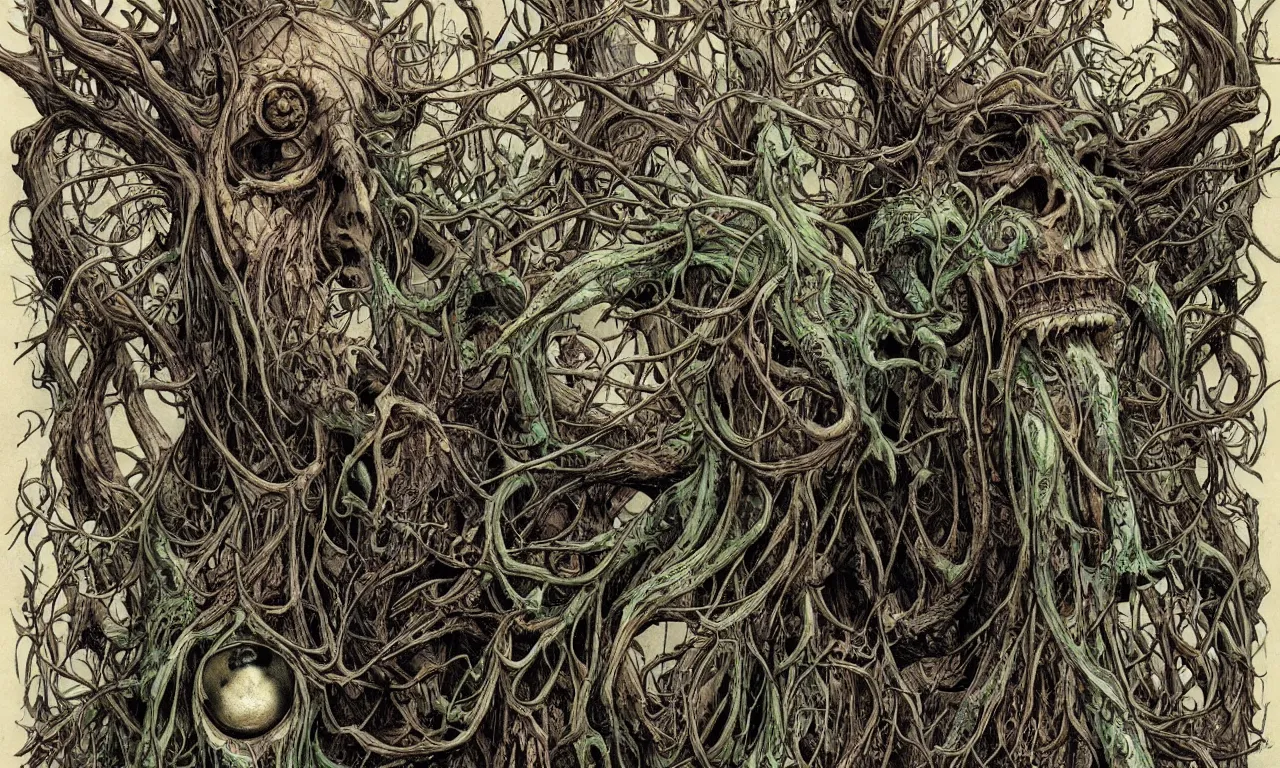 Image similar to hyperdetailed art nouveau portrait of treebeard as a cthulhu eyeball skull wendigo cryptid, by geof darrow, simon bisley and bill sienkiewicz, grim yet sparkling atmosphere, photorealism, claws, skeleton, antlers, fangs, forest, wild, crazy, horror, lynn varley, lovern kindzierski, steve oliff