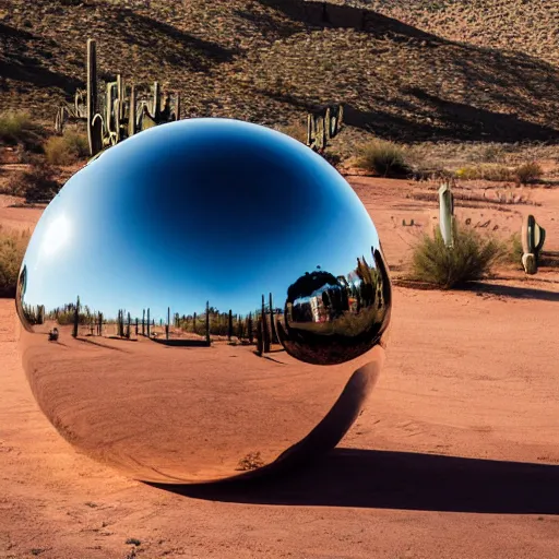Prompt: a large metallic ball with a mirror finish sits in the Arizona desert