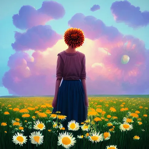 Image similar to head made of giant daisies, girl standing in a vast flower field, holding flowers, surreal photography, sunrise dramatic light, impressionist painting, colorful clouds, large sky, digital painting, artstation, simon stalenhag, flower face