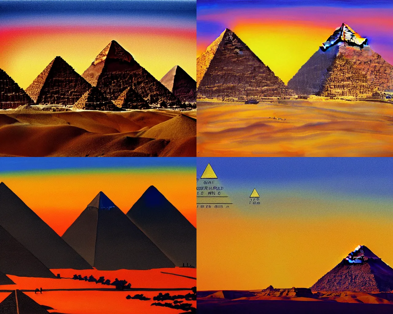 Prompt: great pyramids at giza, sunset, golden hour, acrylic, modernism,