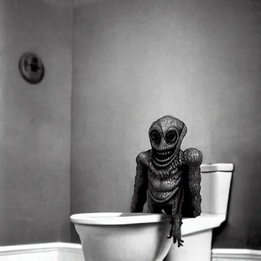 Image similar to HP Lovecraft alien sitting on the toilet. Color photograph.