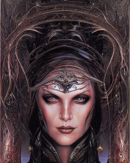 Prompt: a highly detailed airbrush painting of an evil female fantasy sorceress with piercing beautiful eyes art by karol bak and donato giancola and mark brooks, centered, mysterious, dark beauty