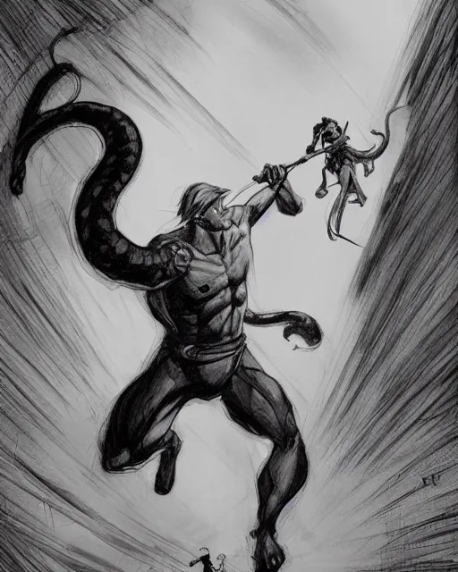 Image similar to a man fighting a giant snake, sketch by glen keane, black and white illustration by glen keane, concept art, artstation, disney 1 9 9 0