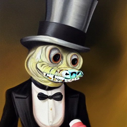 Image similar to “a crocodile wearing a top hat and monocle, dapper, highly detailed, oil on canvas”