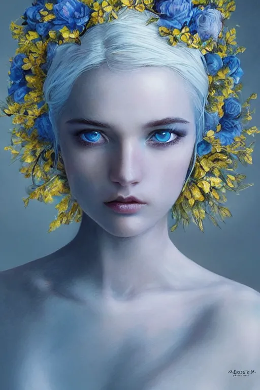 Image similar to a pale girl with white hair wears floral crown, sad blue eyes, cinematic lighting, ultra detailed, highly detailed, sharp focus, golden background with flowers, golden jewellery with blue sapphires, photographic, art by artgerm and greg rutkowski and zdislav beksinski